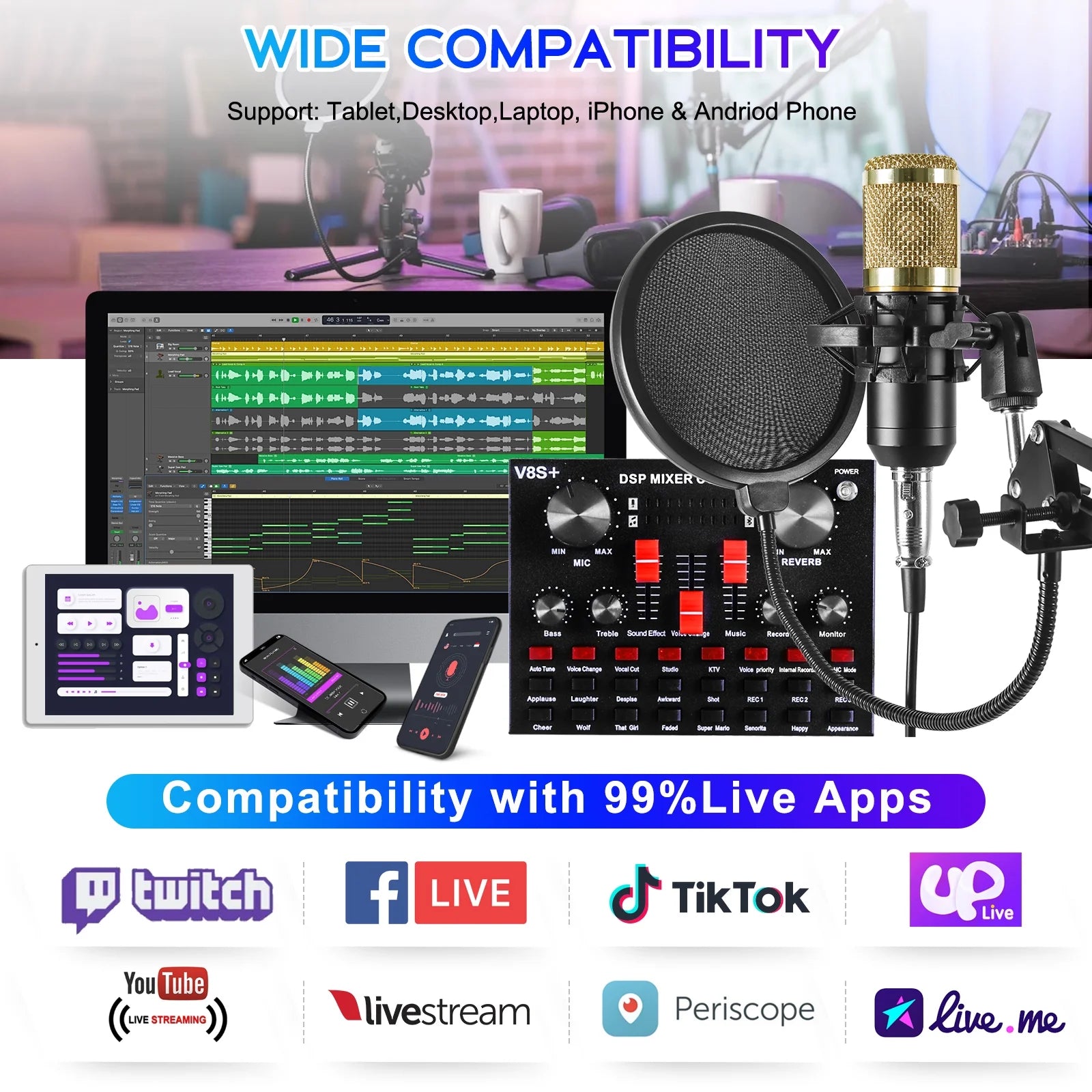 Microphone for Podcast Equipment Bundle and Studio Recording Equipment, USB Microphone, DJ18 Microphone for Computer, Perfect for Recording Podcasts and Live Streaming, White